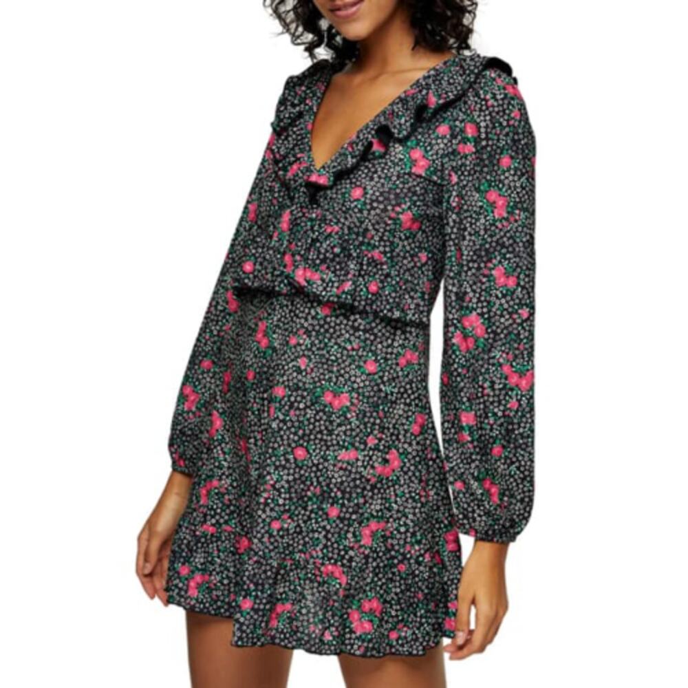 Topshop Double V Jersey Long Sleeve Mini Dress Floral Sz. 2 NEW